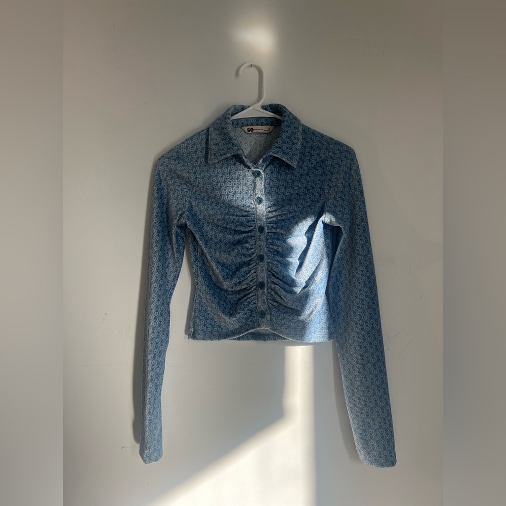 So good for life blue and white flattering long sleeve button up top